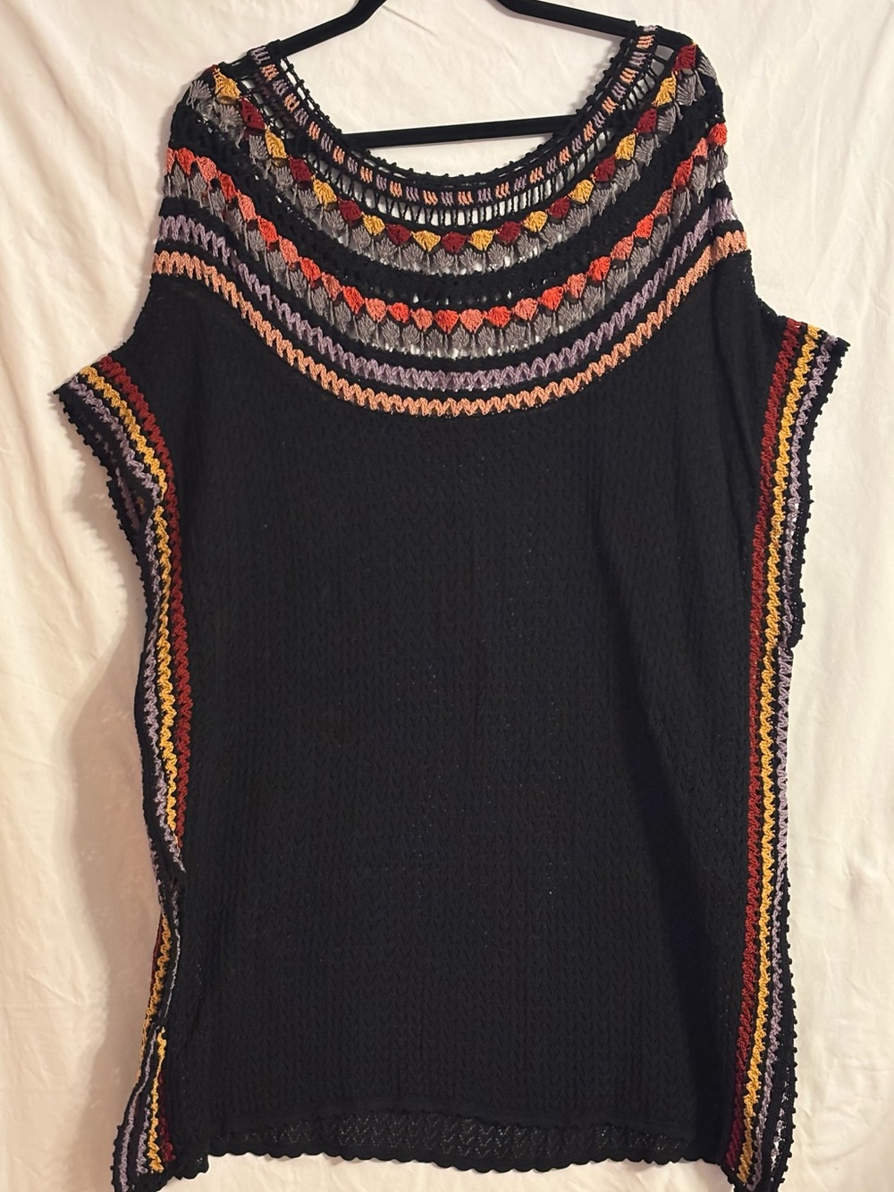 Peruvian Connection black crochet pattern with colorful bohemian style top, side